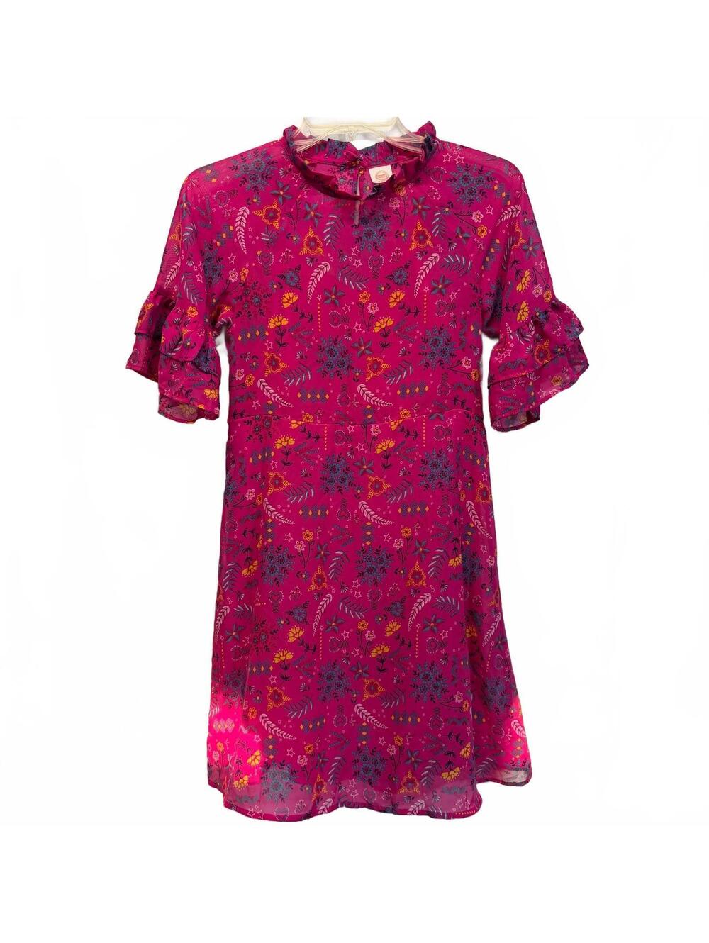 Floral Ruffle Sleeve Shift Dress Girls XL 14-16 Jewel Tone Double Lined